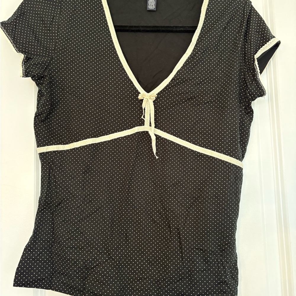Banana Republic Women Small Polka Dot Deep V Stretch Tie Short Sleeve Top Black